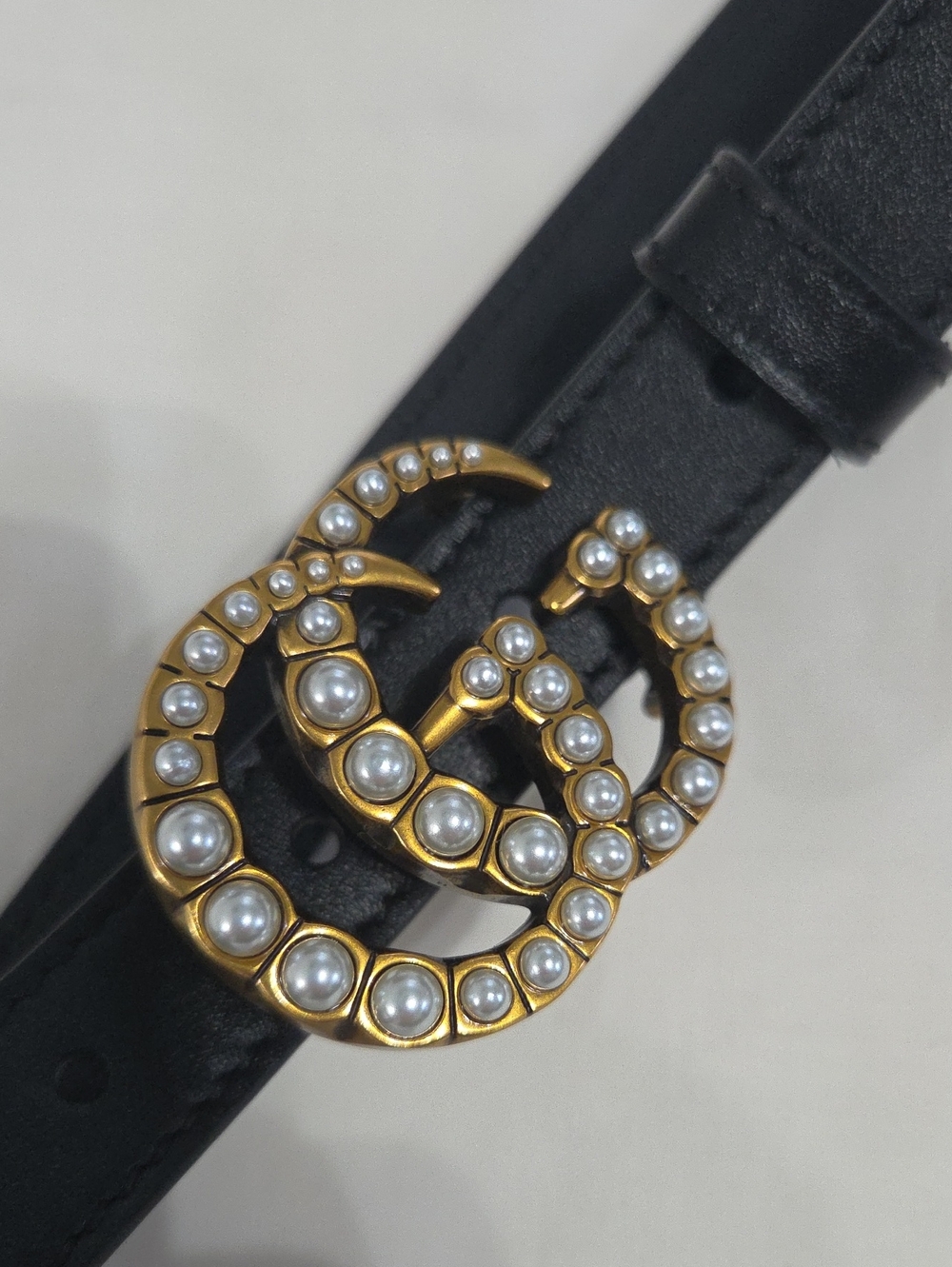 Skinny Gucci Black Leather Pearl Belt Gold GG Buckle 85cm